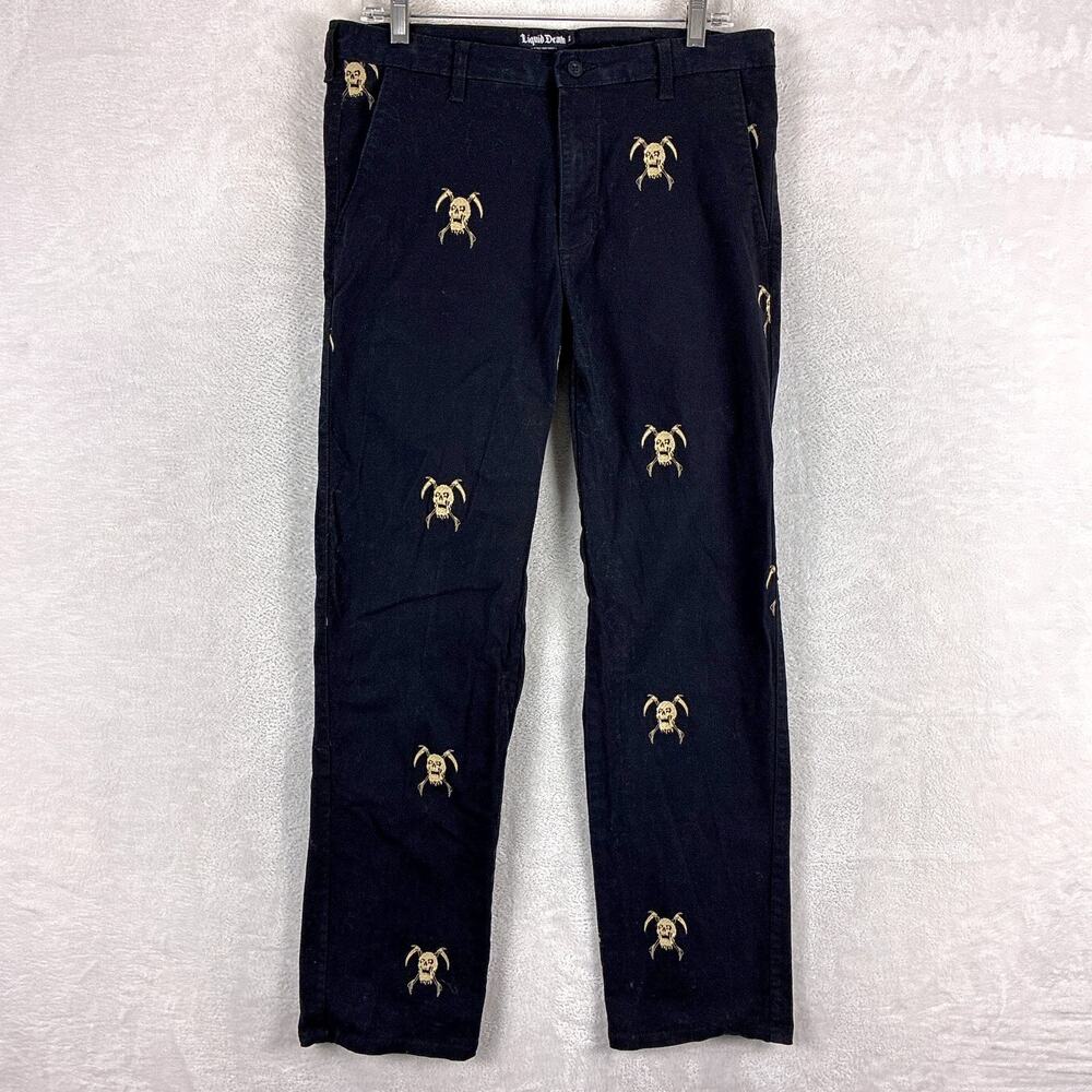 Liquid Death Pants Mens 32 Black Twill Embroidered Gold Skull AOP Yacht Punk